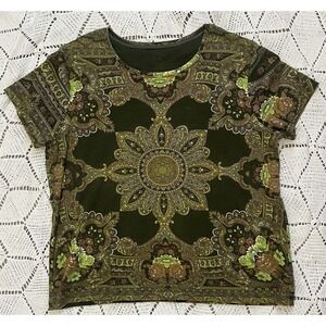 100% Cotton White Stag Tee Paisley Floral Green Top Womens XL Boho Hippie Artsy